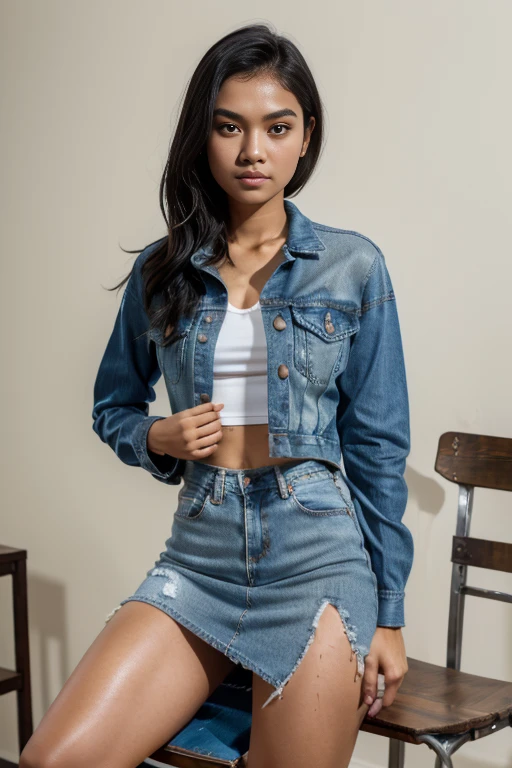 Young sweet beautiful Indonesian girl, 22 years old, slim body, bright beautiful eyes, georgeus face, neat wavy black short hairs, wearing long sleeve unbuttoned blue denim jacket, wearing white see through tranparent tank top strict t-shirt, wearing white cotton see through long A-shape skirt, no underwear, wearing black lady shoes, realistic, very detail, no cartoon, all fingers have normal shape, siting chained open wide legs on a steel chair in a center of empty room, shocked panic face, sweat on all her skins and hairs, all her body,