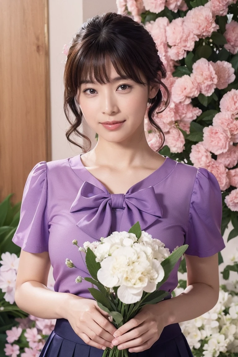 Medium View, Medium Shot, Written boundary depth, bust, Upper Body, Cinematic Angles, masterpiece, highest quality, Very detailed, cg, 8K Wallpaper, Beautiful Face, Delicate eyes, Otome, alone, smile, bangs, skirt, Purple shirt, bow, petal, bouquet