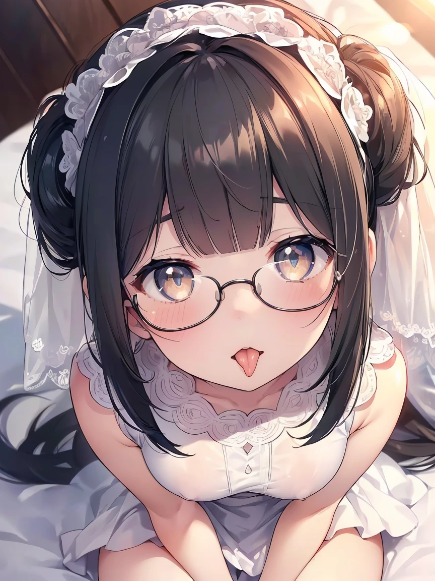 Very detailed, highest quality, High resolution, Moe Anime, ((Cute girl with black hair and droopy eyes)), ((Wearing large round glasses)), (Baby Face), Cute eyes, Detailed eye depiction, Sparkle in the eyes, View your viewers, Pale skin, (Big eyes:1.4, Droopy eyes:1.4, Fatty face:1.4), smile, Focus on the face, At the bed, Sitting, (Extreme close up of tongue), (((From above))), Open your mouth, (((Face only:1.3))), ((Wedding dress)), Bright Eyes, Light from the front, (Put your hands between your legs:1.4), large and long tongue