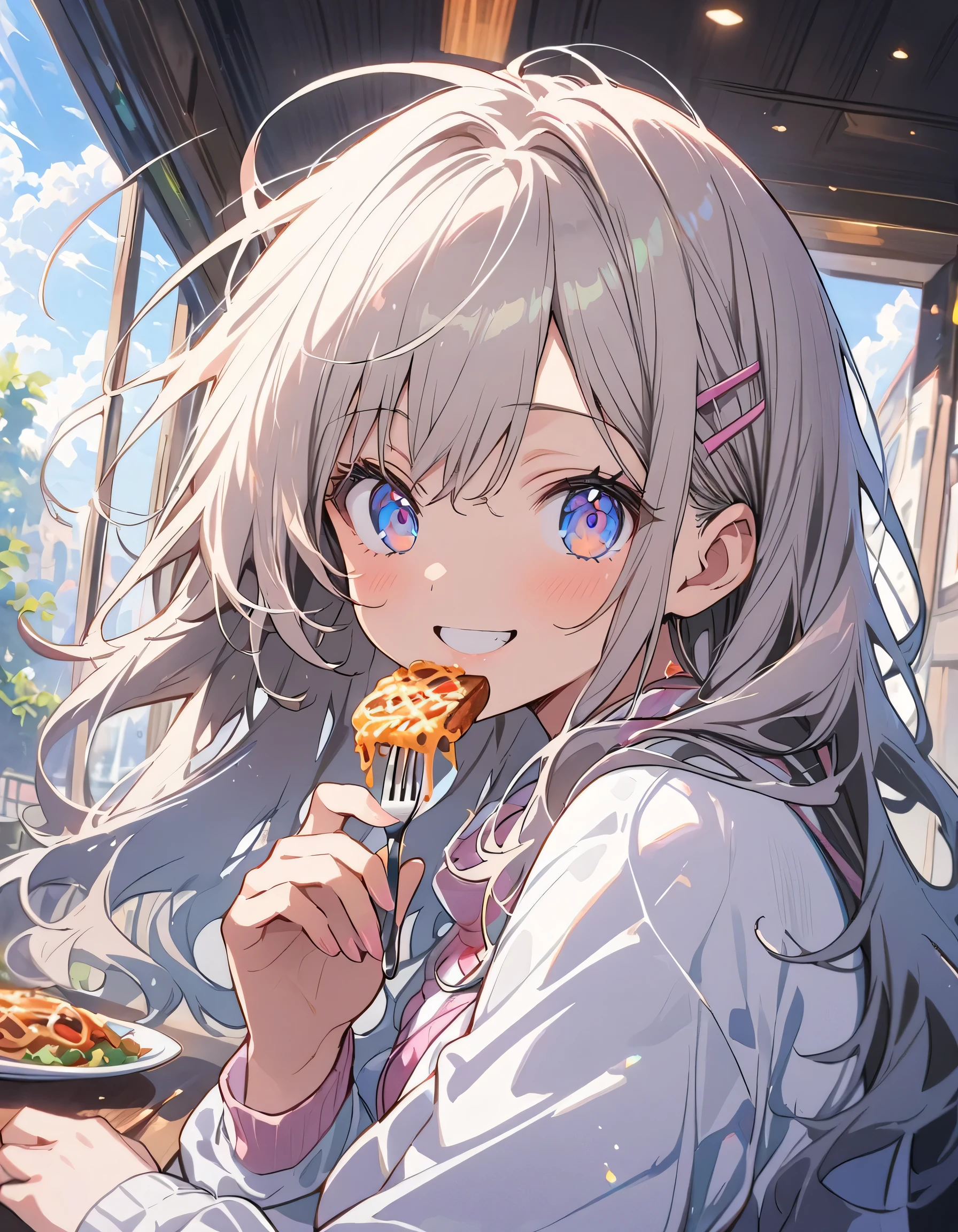 (1 girl)、(Eating spaghetti Napolitana skillfully using a fork)、(Extremely detailed Neapolitan)、Inside the cafe at noon、Smiling、(highest quality、masterpiece、High resolution、detailed)、anime style、Flat Style、(iridescent eyes,Beautiful Face),extremely detailed、floating, (High saturation), Sunshine from the window, (Shine), Focus on Neapolitan, Dynamic Angle、anime