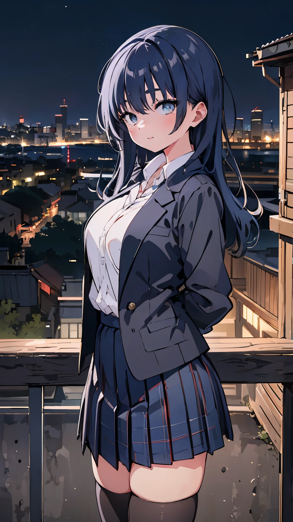 AnnaYamada, blue hair, brown eyes
BREAK (school uniform, black jacket, plaid skirt, thighhighs:1.2),
BREAK (standing, outdoors, Japanese cityscape, night sky), perfect lighting, smooth, hdr,arms behind back,
BREAK (masterpiece:1.2), best quality, high resolution,unity 8k wallpaper, (illustration:0.8), (beautiful detailed eyes:1.6), extremely detailed face, perfect lighting, extremely detailed CG, (perfect hands, perfect anatomy),