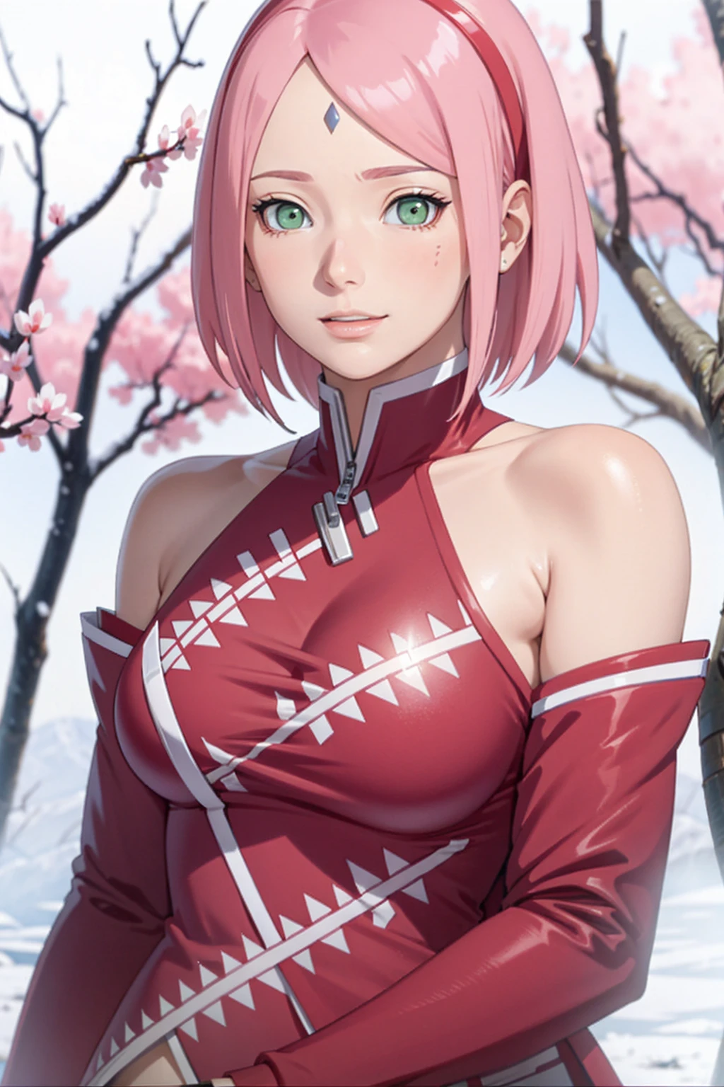 tmasterpiece, Best quality at best, 1girll, Sakura Haruno, Large breasts,Off-the-shoulder attire,(cleavage),(upperbody closeup),Raised sexy,is shy,ssmile,with pink hair,short hair, (Green eyeballs:1.4), Forehead protection, the cherry trees,Cherry blossoms flying,Red clothes,Zipper half