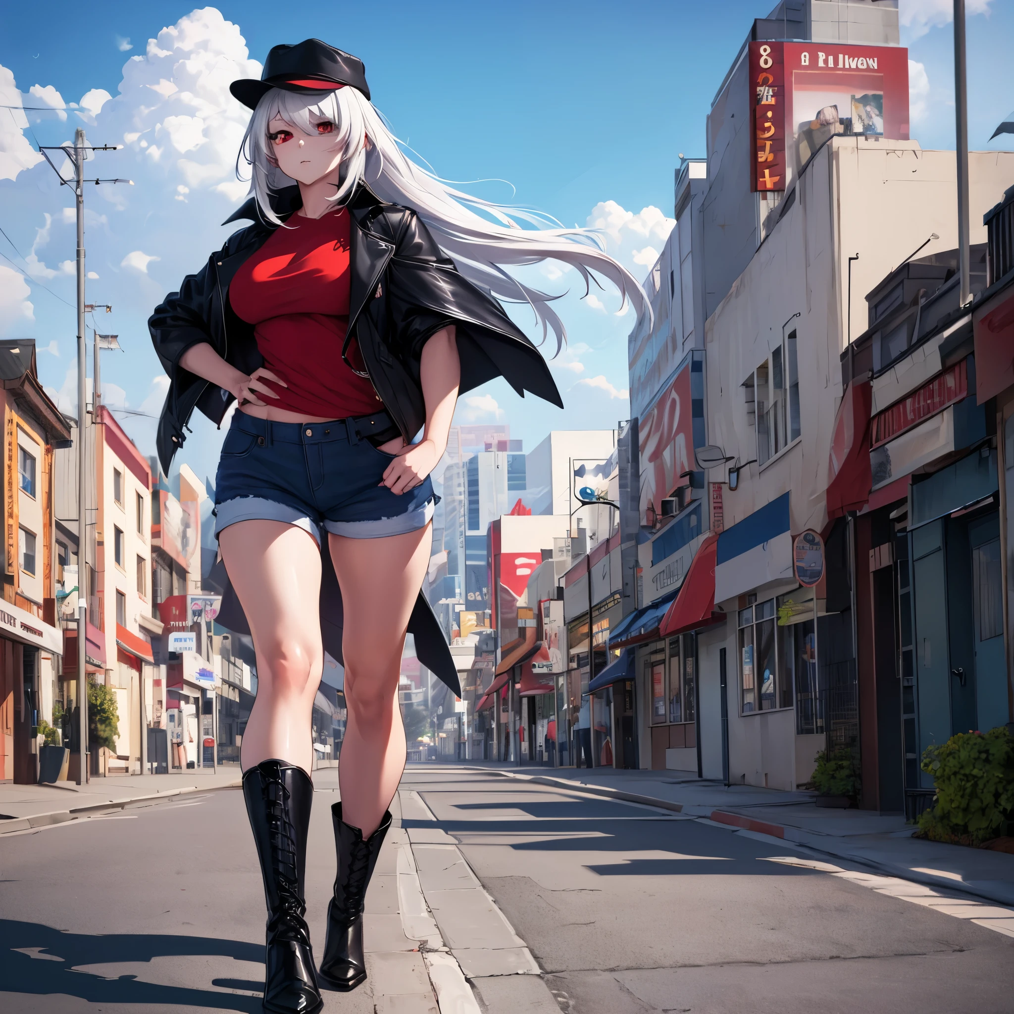 A woman wearing a casual red shirt, short black denim shorts, black boots, long white hair, casual black hat, exposed thigh, full body, red eyes walking on a sidewalk overlooking Hollywood, blue sky with clouds,(solo woman), HDR, ultra resolution, sharp, masterpiece, 8K HD
