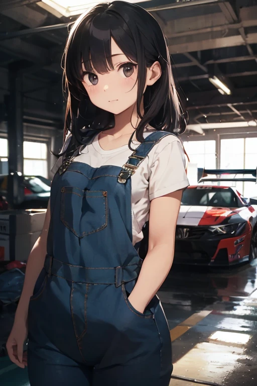 (masterpiece),High precision,1.7,Young body shape,Black Hair,Flat Chest,Natural light, Realistic, Diffuse Light, Shortcuts, (Work overalls),(Embarrassing),(Racing car in luxury garage)