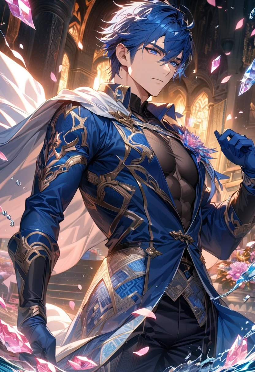 Ultra detailed, Highres, absurdres, HDR, master piece, Chrom, blue hair, expressive blue eyes, extremely handsome, Fire Emblem, sexy man, solo, extremely detailed eyes and face, blue long coat with patterns, white cape, pink ice, toned chest, glittering, black tight shirt, water, pink ice flowers, petals, blue gloves,