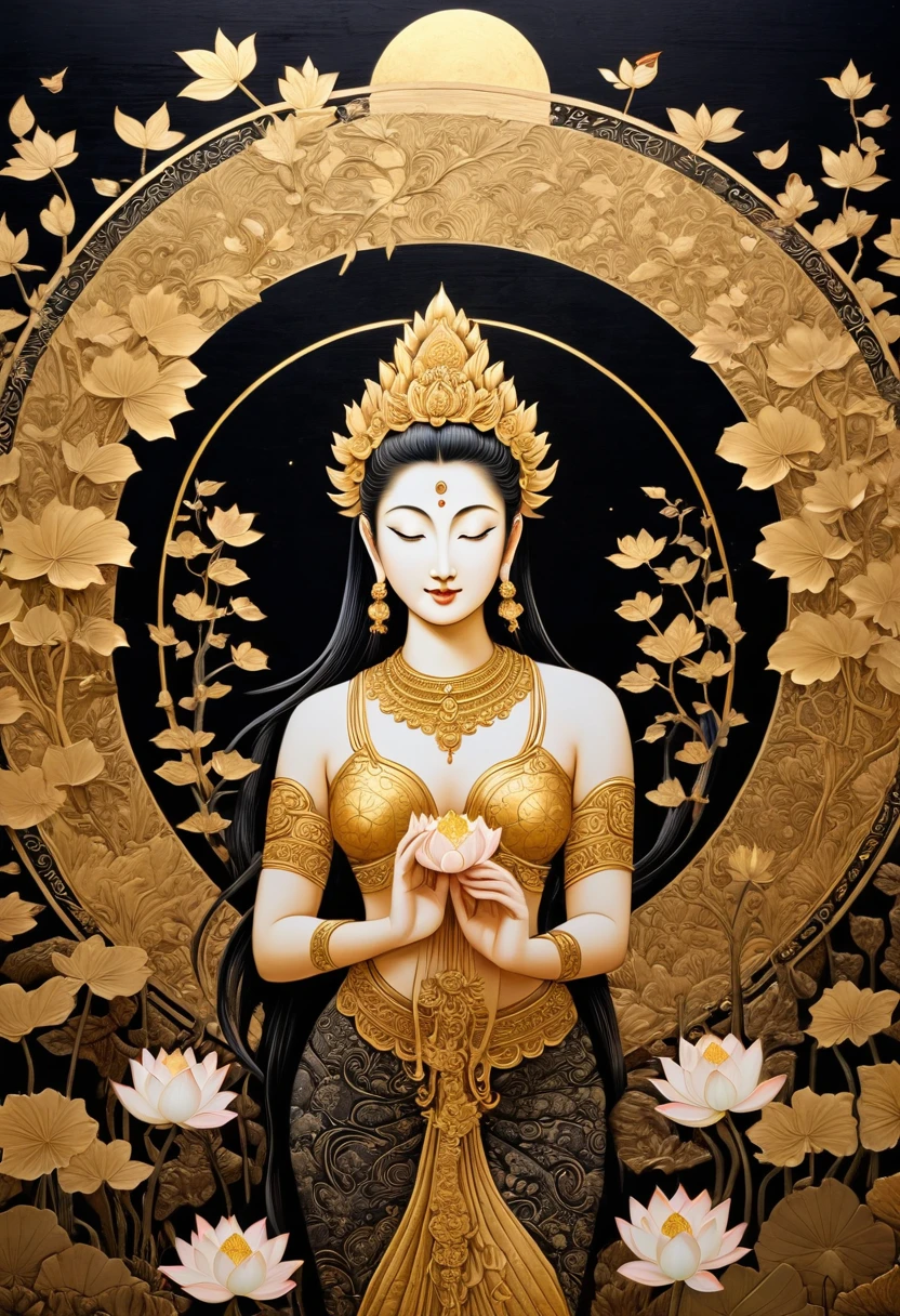 ((masterpiece, highest quality, Highest image quality, High resolution)), ((Extremely detailed CG unified 8k wallpaper)), a black and gold painting of a moon goddess with lotus flowers, (intricate classic art, Monochrome, black and gold, woodblock print:1.5), gracefully upon a lotus, thailand art, moon goddess, wood block print, a stunning portrait of a goddess, with lotus flowers, goddess art, goddess of love and peace, contented female bodhisattva, dmt goddess, sacred feminine, goddess of the hunt and the moon, (Gold Leaf Art:1.5),