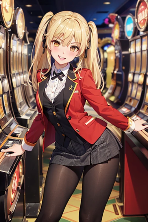 (8K、top-quality、​masterpiece:1.2)、(realisitic、ultra-detailliert、超A high resolution、beautifull detailed face,perfect body,(1 girl,blonde hair,twintails,yellow eyes,blush,sexy body,((uniform, red jacket)), Red blazer with black trim on cuffs and collar lining, White button-up dress shirt and black tie,black ribbon,Black and gray plaid miniskirt, black tights, brown loafers, contrapposto,pov,casino,roulette,slot machine,evil smile