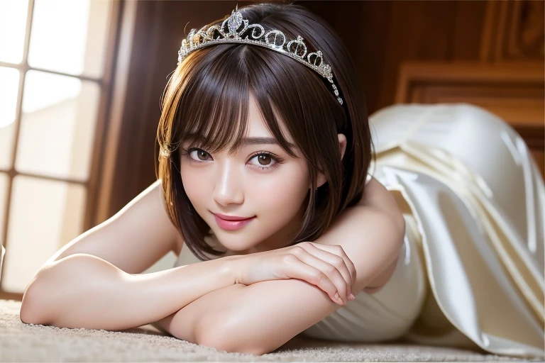 (highest quality:1.5)、(Realistic:1.5)、(1 person:1.5)、(On all fours:1.2)、(Crawling posture)、Very detailed、High resolution、8k wallpaper、、Small breasts、Natural color lips、Cute Smile、Japanese women、20-year-old girl、Beautiful and elegant face、Perfect and beautiful face、Big eyes、Brunette's eyes、Beautiful and elegant face、Perfect and beautiful double eyelids、Natural Bangs、Beautiful thin nose、Beautiful Skin、chestnut brown hair、Medium Bob Hair、Shortcuts、Natural Bangs、Perfect and beautiful face、Slim face and figure、(looking at the camera)、Bright lighting、Professional Lighting、Forward lighting、Natural smile、church、princess-Line wedding dress、tiara、Beautiful cleavage、