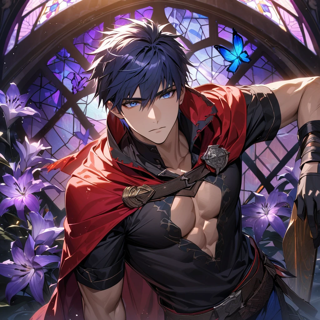 absurdres, highres, ultra detailed, HDR, master piece, best quality, Ike, dark blue hair, expressive blue eyes, Fire Emblem, solo, sexy man, handsome, red cape, black tight shirt, black gloves, patterns, toned chest, glass stained window, purple shining butterflies, purple lilies, purple petals, water