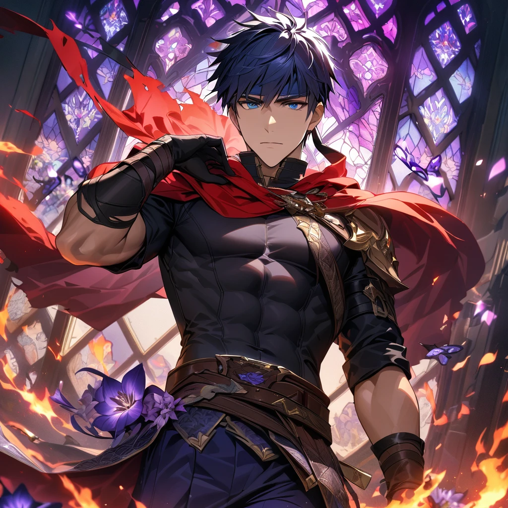 absurdres, highres, ultra detailed, HDR, master piece, best quality, Ike, dark blue hair, expressive blue eyes, Fire Emblem, solo, sexy man, handsome, red cape, black tight shirt, black gloves, patterns, toned chest, glass stained window, purple shining butterflies, purple lilies, purple petals, water