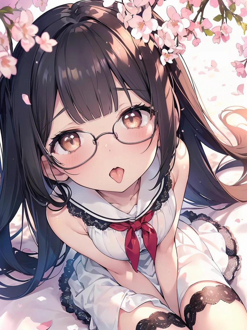 Very detailed, highest quality, High resolution, Moe Anime, ((Cute girl with black hair and droopy eyes)), ((Wearing large round glasses)), (Baby Face), Cute eyes, Detailed eye depiction, Sparkle in the eyes, View your viewers, Pale skin, (Big eyes:1.4, Droopy eyes:1.4, Fatty face:1.4), smile, Focus on the face, In the park with cherry blossoms falling, Sitting, (Extreme close up of tongue), (((From above))), Open your mouth, (((Face only:1.3))), ((white lace sleeveless dress)), Bright Eyes, Light from the front, (Put your hands between your legs:1.4), large and long tongue