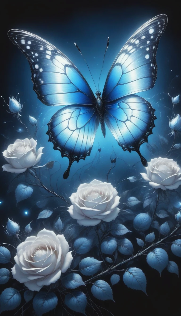 (best quality,4K,high resolution:1.2),Super detailed,Practical,black and white,traditional media,Pencil Sketch:1.2,Chaotic lines,[[[Artist Moussa]]],On a dark background,Blue electric charges forming butterfly，Stylized silhouettes of orbs and roses,Bioluminescence