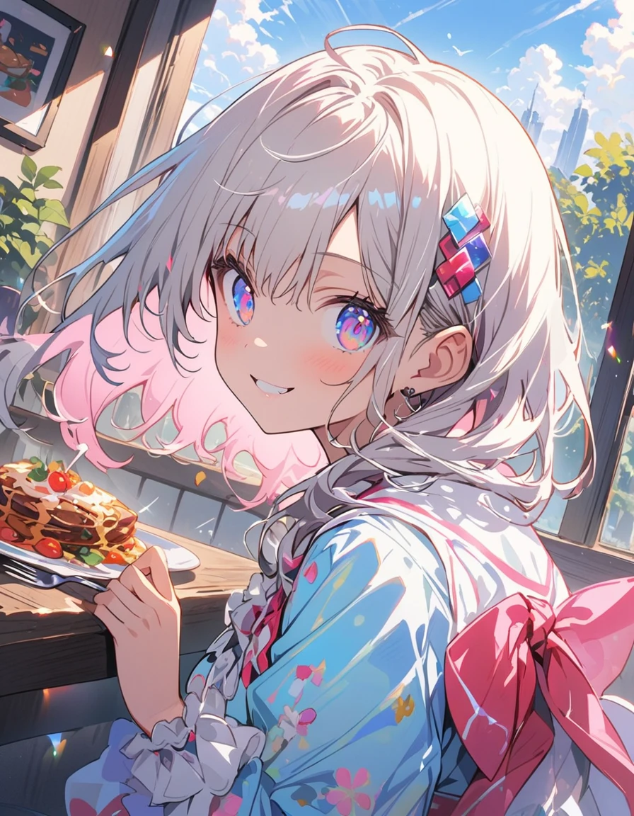 (1 girl)、(Eating spaghetti Napolitana skillfully using a fork)、(Extremely detailed Neapolitan)、Inside the cafe at noon、Smiling、(highest quality、masterpiece、High resolution、detailed)、animeスタイル、Flat Style、(iridescent eyes,Beautiful Face),extremely detailed、floating, (High saturation), Sunshine from the window, (Shine), Focus on Neapolitan, Dynamic Angle、anime