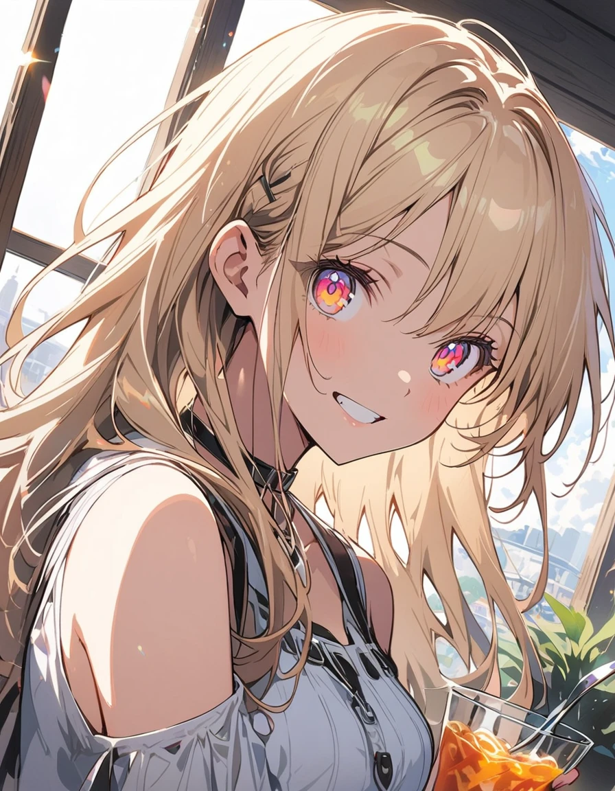 (1 girl)、(Eating spaghetti Napolitana skillfully using a fork)、(Extremely detailed Neapolitan)、Inside the cafe at noon、Smiling、(highest quality、masterpiece、High resolution、detailed)、animeスタイル、Flat Style、(iridescent eyes,Beautiful Face),extremely detailed、floating, (High saturation), Sunshine from the window, (Shine), Focus on Neapolitan, Dynamic Angle、anime