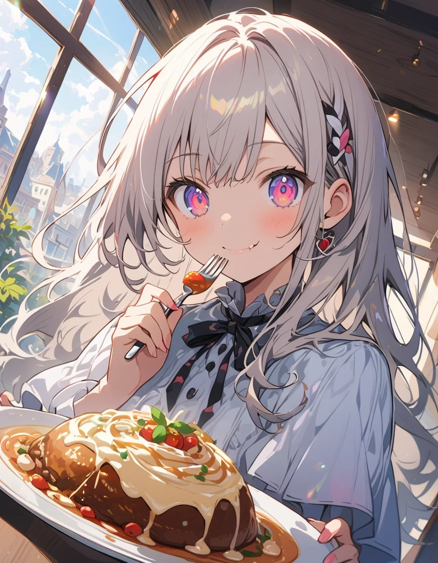 (1 girl)、(Eating spaghetti Napolitana skillfully using a fork)、(Extremely detailed Neapolitan)、Inside the cafe at noon、Smiling、(highest quality、masterpiece、High resolution、detailed)、animeスタイル、Flat Style、(iridescent eyes,Beautiful Face),extremely detailed、floating, (High saturation), Sunshine from the window, (Shine), Focus on Neapolitan, Dynamic Angle、anime