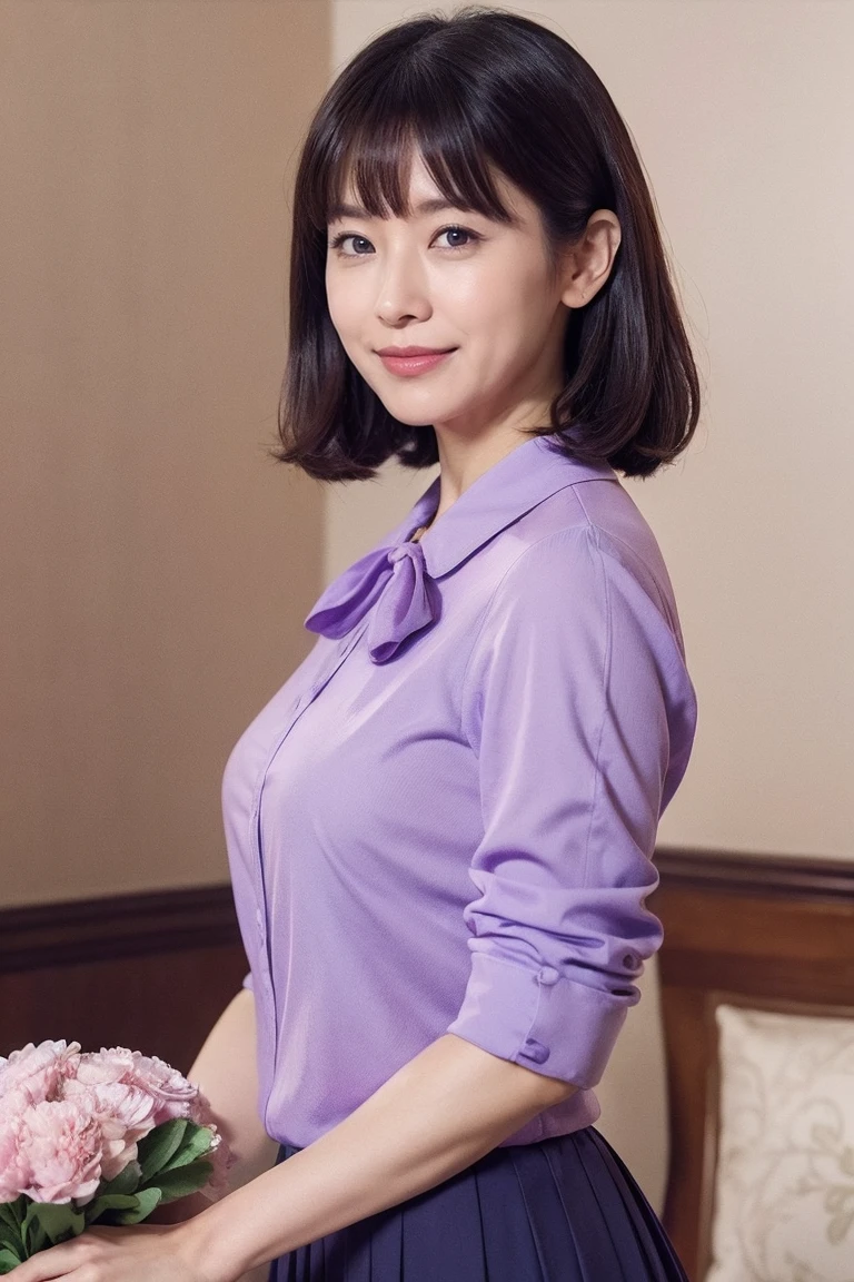 Medium View, Medium Shot, Written boundary depth, bust, Upper Body, Cinematic Angles, masterpiece, highest quality, Very detailed, cg, 8K Wallpaper, Beautiful Face, Delicate eyes, Otome, alone, smile, bangs, skirt, Purple shirt, bow, petal, bouquet