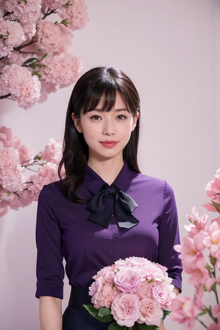 Medium View, Medium Shot, Written boundary depth, bust, Upper Body, Cinematic Angles, masterpiece, highest quality, Very detailed, cg, 8K Wallpaper, Beautiful Face, Delicate eyes, Otome, alone, smile, bangs, skirt, Purple shirt, bow, petal, bouquet