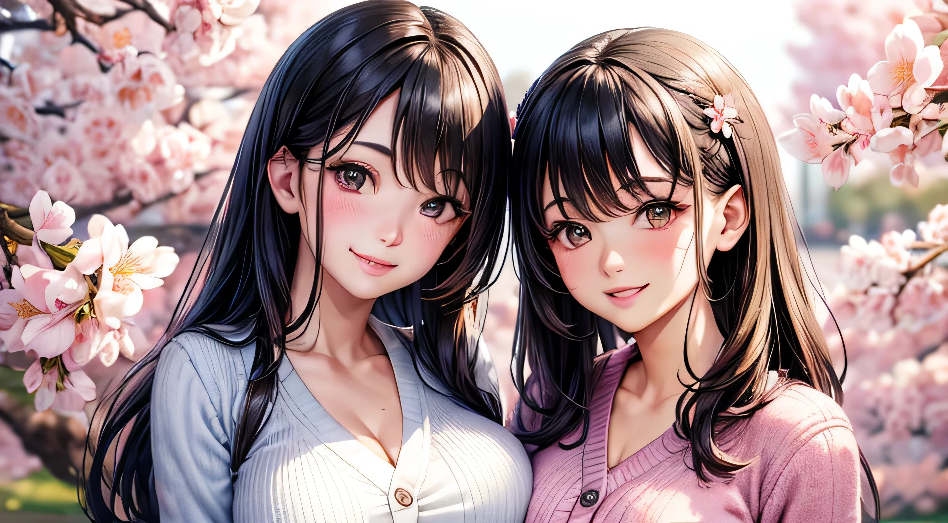 A big smile　cherry blossom cardigan　Perfect and detailed facial expression　Perfect and detailed eye depiction　Perfect and detailed hair　Perfectly detailed upper body　Perfect and detailed breast depiction