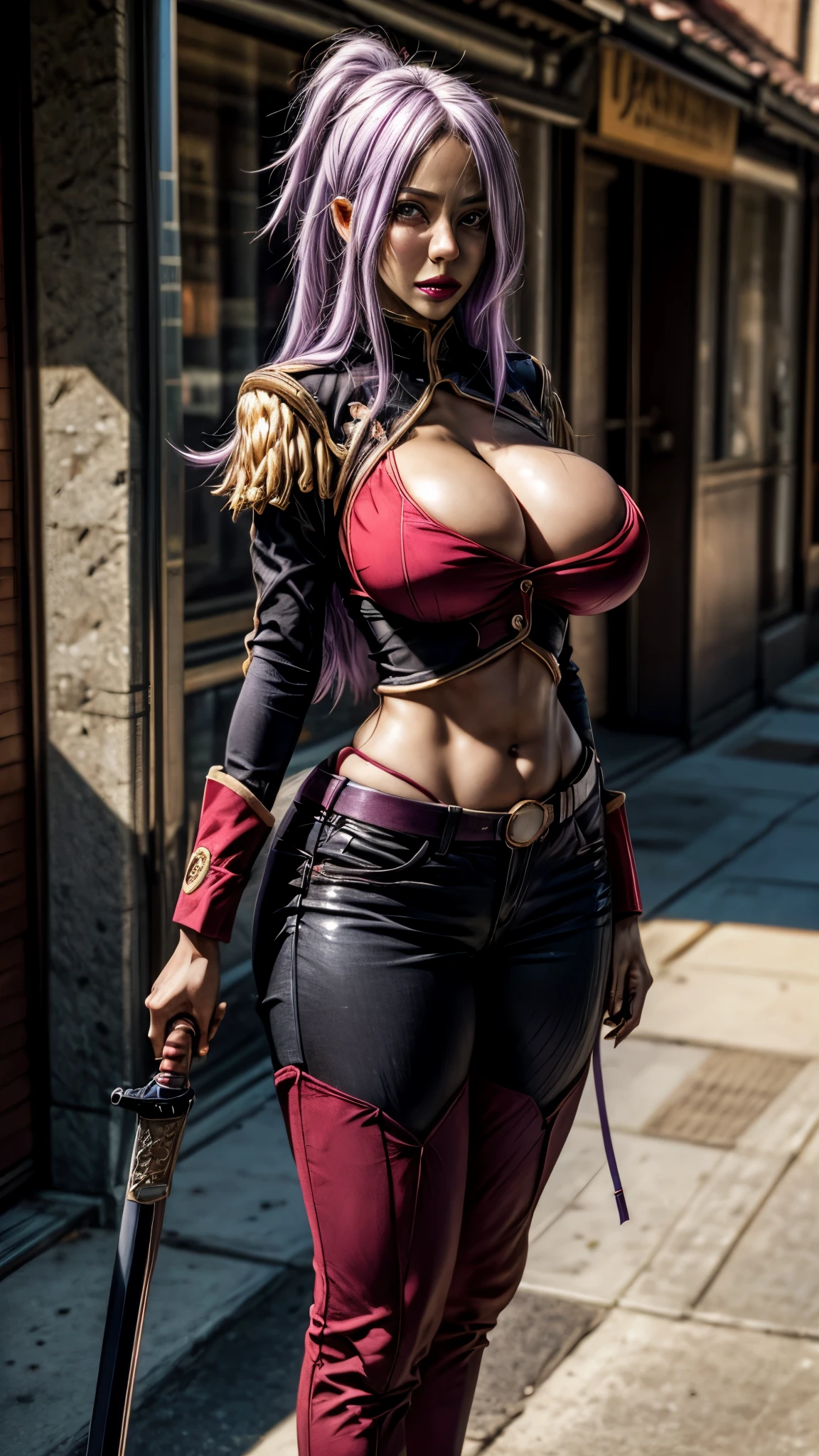 ANIME_Dragonaut_GarnetMclane_ownwaifu,
1girl, long hair, dark skin,  breasts, dark-skinned female, purple hair,  hair over one eye, large breasts, lipstick, makeup, huge breasts, ponytail, green eyes, navel, lips, thick thighs, light purple hair,
cleavage, midriff,  cleavage cutout, clothing cutout, weapon, epaulettes, thighhighs, uniform, military, pants, military uniform,
((masterpiece)),((best quality)),(highres, absurdres), original, official_art, looking at viewer, solo, focused, outdoors, day, cowboy shot,