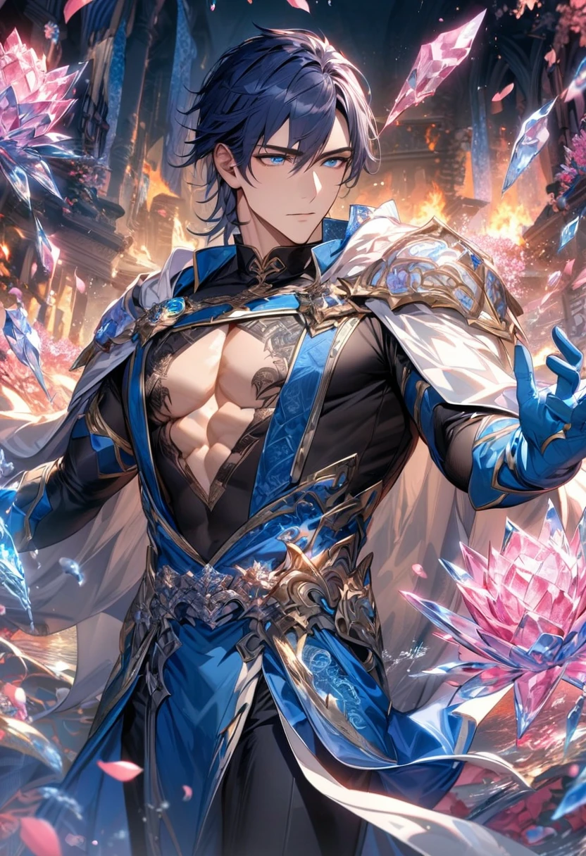 Ultra detailed, Highres, absurdres, HDR, master piece, Chrom, dark blue hair, expressive blue eyes, extremely handsome, Fire Emblem, sexy man, solo, extremely detailed eyes and face, blue long coat with patterns, white cape, pink ice, toned chest, glittering, black tight shirt, water, pink ice flowers, petals, blue gloves,