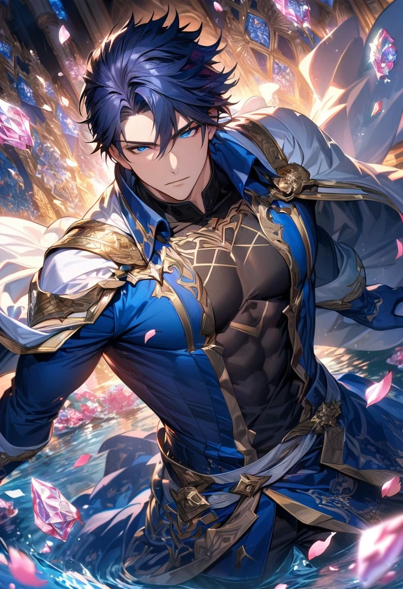 Ultra detailed, Highres, absurdres, HDR, master piece, Chrom, dark blue hair, expressive blue eyes, extremely handsome, Fire Emblem, sexy man, solo, extremely detailed eyes and face, blue long coat with patterns, white cape, pink ice, toned chest, glittering, black tight shirt, water, pink ice flowers, petals, blue gloves,