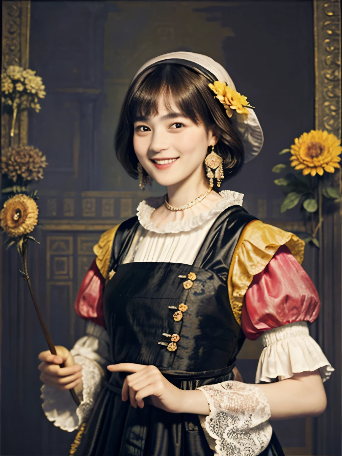 218 Short Hair, 20-year-old woman, A kind smile, Floral, (Colorful Dresses, Luxury palace), (Rembrandt painting)