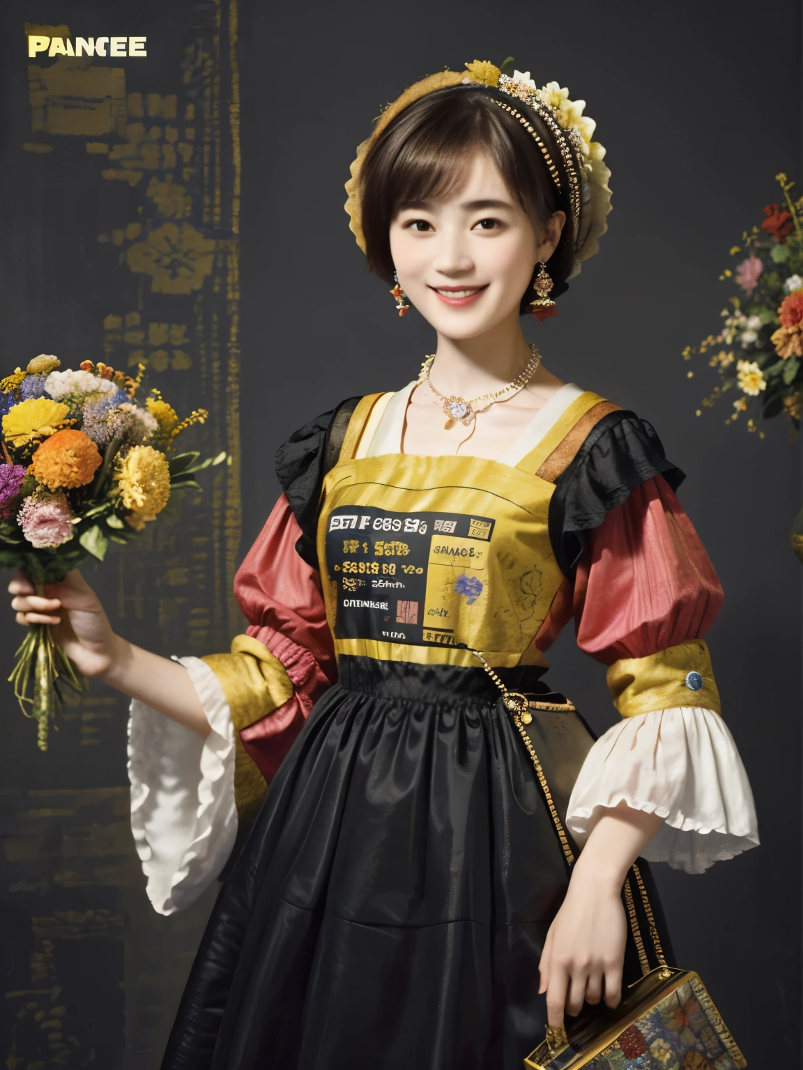 218 Short Hair, 20-year-old woman, A kind smile, Floral, (Colorful Dresses, Luxury palace), (Rembrandt painting)