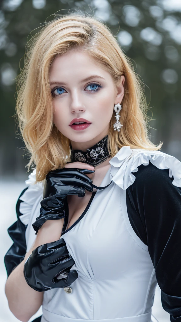 1 miniature Beautiful beautiful woman - Yuan Sayuki, ((top quality, 8K, Masterpiece:1.retty woman, 1 woman, huge breasts:1.3, a slim body:1.1, lush GINGER short hair, (shower, wet body, wet clothes:1.1), very detailed face, detailed lips, detailed eyes, double eyelids, Detailed blue eyes, чрезвычайно Detailed Outstanding Blue Eyes, short GINGER wet hair, GINGER wet hair, Detailed Outstanding Blue Eyes, innocent look at the viewer, very wet wavy white hair, Detailed Outstanding Blue Eyes, huge cross earrings, Outdoors, badges behind, gothic maid uniform, sexy maid dress, bare chest, huge chest tattoo, detailed huge catholic cross earrings, chest tattoo, Outside, wear a silver cross (Detailed cross shape), reality mode, wet breasts, black necklace, human crowd behind, black latex gloves, hair of white snowy colour, night time, red neon lights, demonic nun, nimbus (golden lighting ring above her head), angel, snowy weather, sexy pose, white lingerie, black maid dress, detailed flower wreath made of different colours, open chest