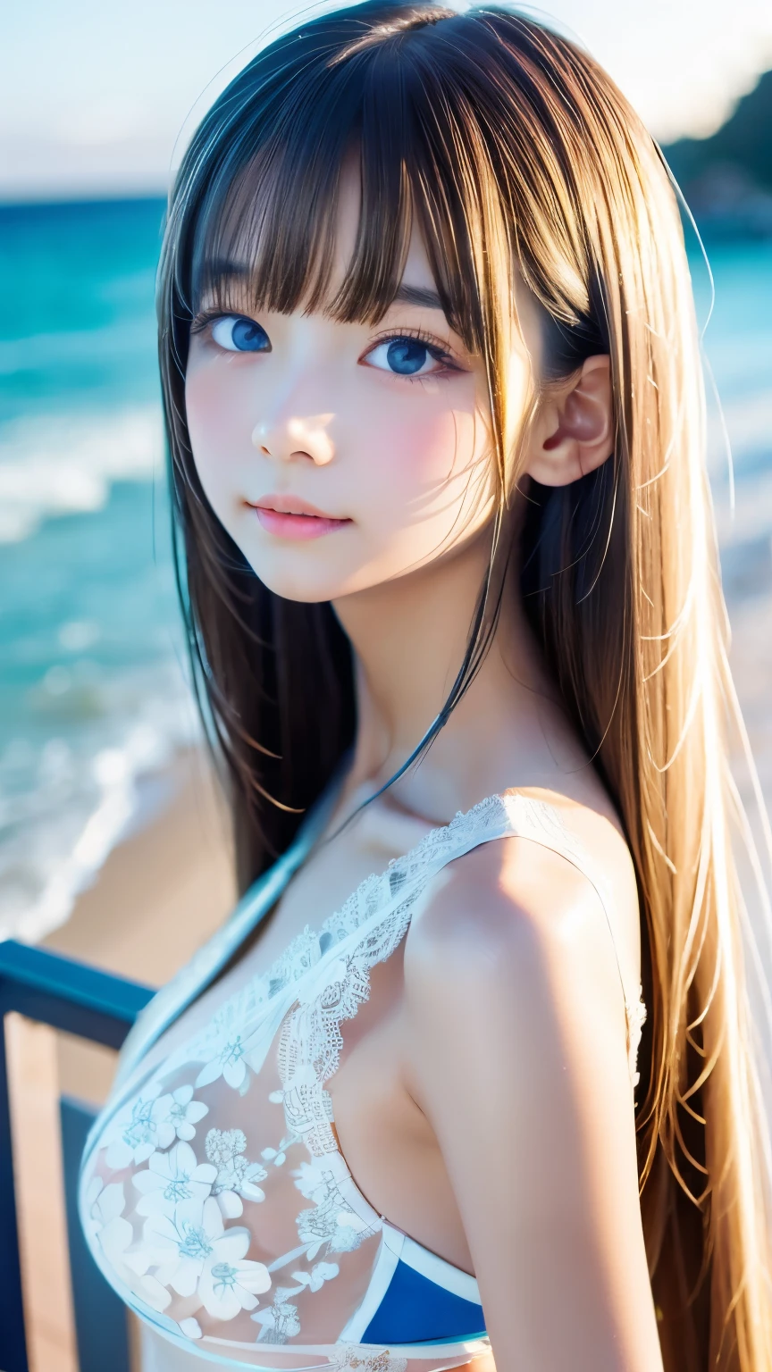 Beautiful fair and glowing skin, 3 Up, gorgeous, bright, Refreshing and gentle expression, Perfect beautiful face、Super long straight hair with shiny platinum strands, Beautiful shiny bangs, A very beautiful 17 year old girl, Eyeliner, Very perfect and beautiful lovely big clear sky blue eyes、非常漂亮bright眼睛亮点，Lace swimsuit