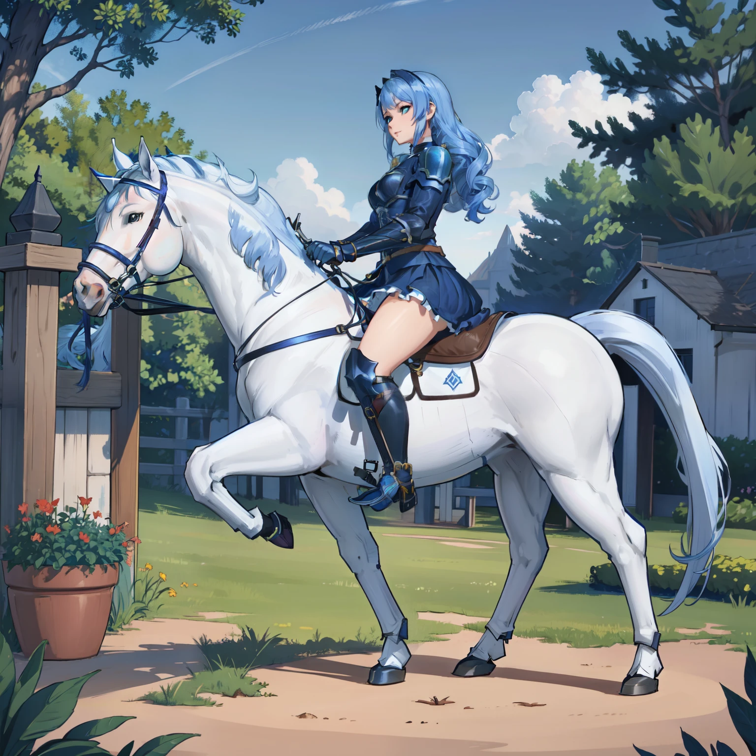 ((best quality)), ((anime masterpiece)), (detailed), 8k, perfect face, female knight, from side, long hair, female knight, (blue armor, blue miniskirt, blue boots)+, horseback riding, horse riding, solo, (white horse, saddle, stirups, reins: 1.5)++, walking: 1.5, forest, scenery, from side: 1.5, anatomically correct, trails