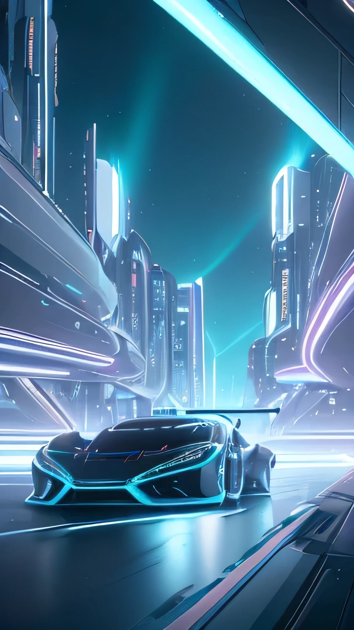 new technology, Smooth, Futuristic car, Floating above the bustling city at night, ((Neon blue light)), with a Smooth and aerodynamic design, Colorful lights illuminate the city landscape below, Ultra Detailed, Surrealism, Be focused, Octane Rendering