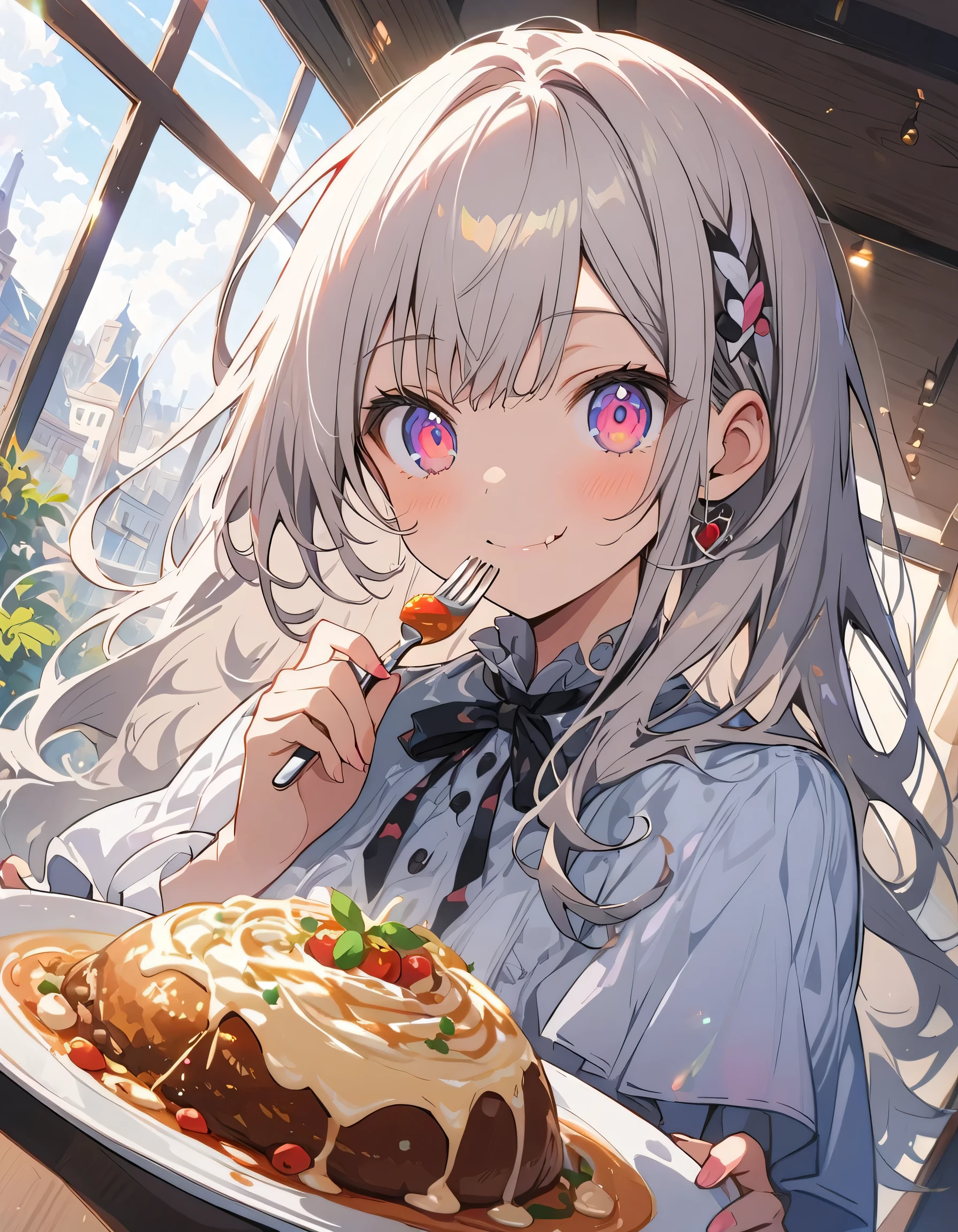 (1 girl)、(Eating spaghetti Napolitana skillfully using a fork)、(Extremely detailed Neapolitan)、Inside the cafe at noon、Smiling、(highest quality、masterpiece、High resolution、detailed)、anime style、Flat Style、(iridescent eyes,Beautiful Face),extremely detailed、floating, (High saturation), Sunshine from the window, (Shine), Focus on Neapolitan, Dynamic Angle、anime
