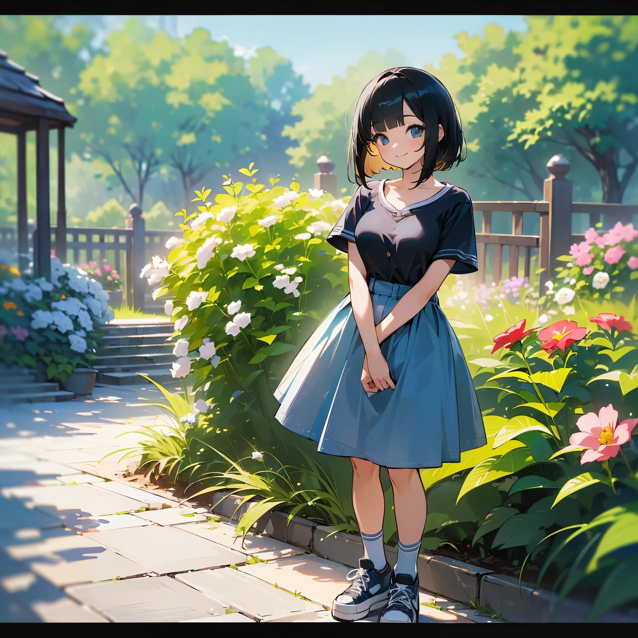 (high quality, High resolution, Very detailed, reality:1.37), Peaceful atmosphere, (Outdoor, garden), teenage girl standing alone, (my breasts are big.), Beautiful detail features, Cute Smile, (Black bob hair), Short sleeve shirt, Denim mini skirt, Blue socks, sneakers.