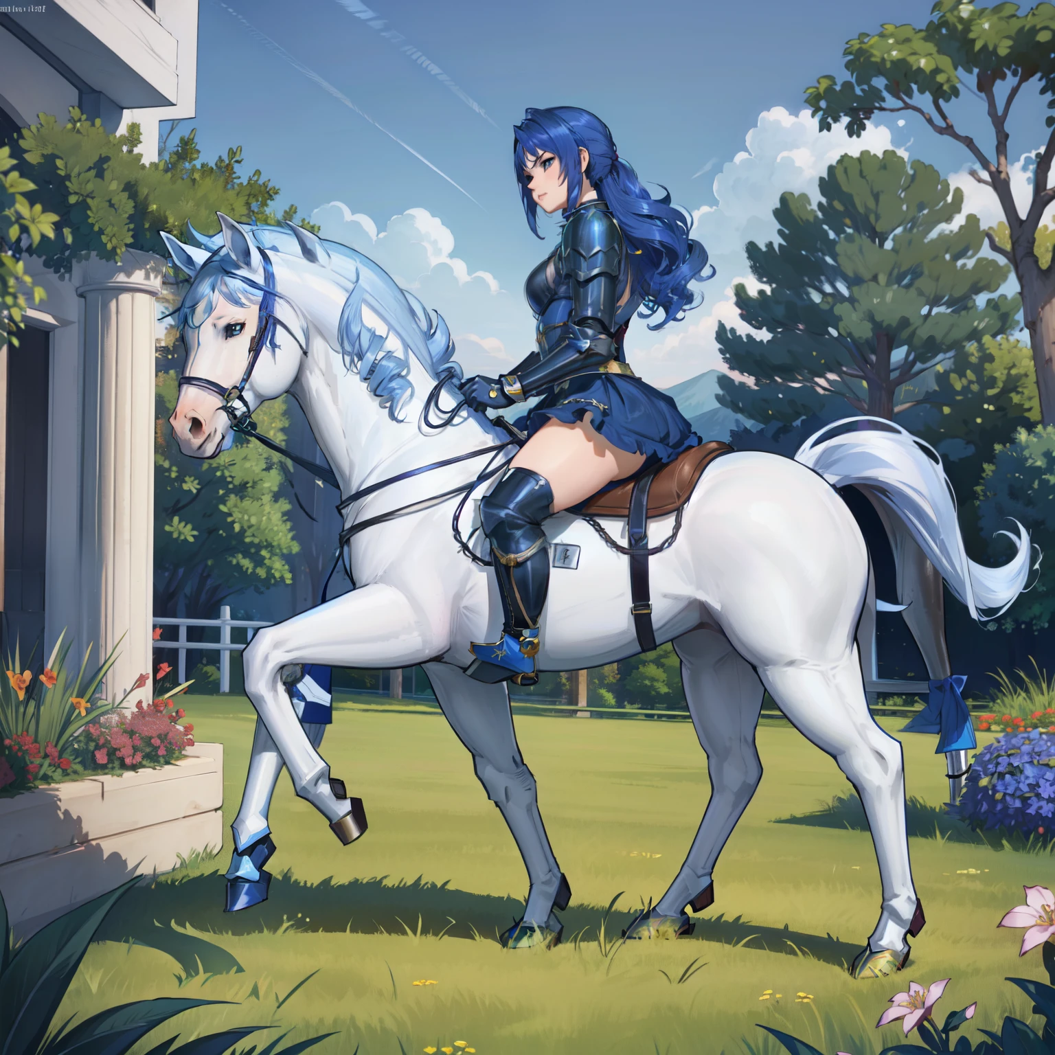 ((best quality)), ((anime masterpiece)), (detailed), 8k, perfect face, female knight, from side, long hair, female knight, (blue armor, blue miniskirt, blue boots)+, horseback riding, horse riding, solo, (white horse, saddle, stirups, reins: 1.5)++, walking: 1.5, forest, scenery, from side: 1.5, anatomically correct, trails