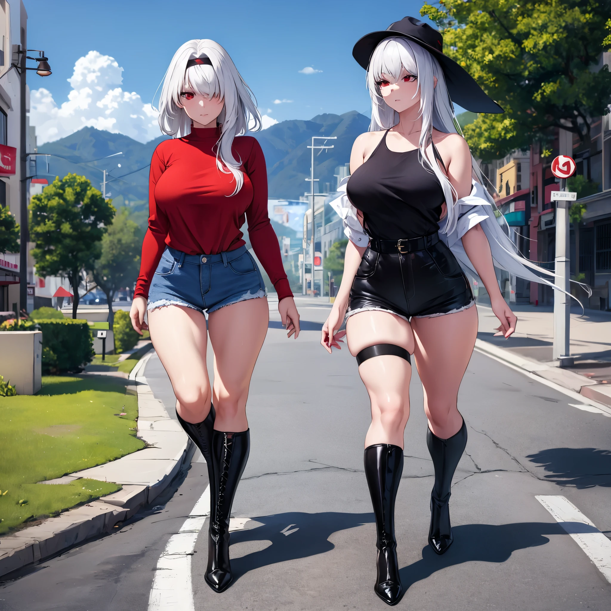 A woman wearing a casual red shirt, short black denim shorts, black boots, long white hair, casual black hat, exposed thigh, full body, red eyes walking on a sidewalk overlooking Hollywood mountain, blue sky with clouds, (woman alone), HDR, ultra resolution, sharp, masterpiece, 8K HD
