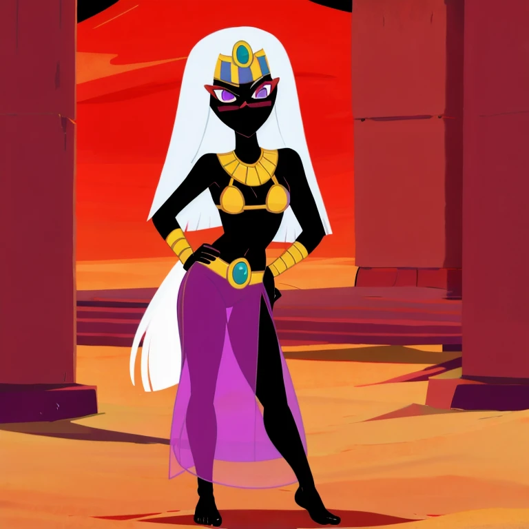 (masterpiece, best quality:1.2), 1girl, solo, no mouth, red face mark, red eyelids, purple eyes, bikini top, necklace, long harem skirt, white hair, bracelets, full body, Tyr'ahnee, red sand background, red pillar, night, cartoon