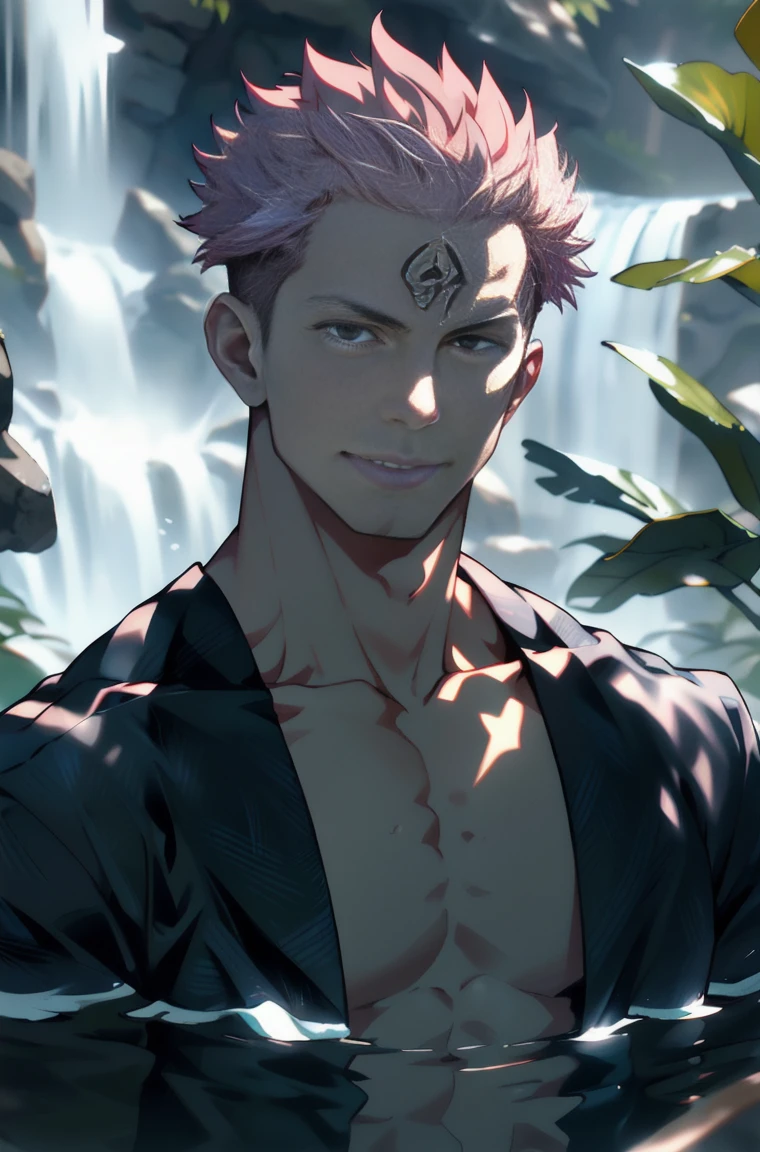 Best quality, masterpiece, expressionless,ultra high res,detailed background,realistic,1man,solo,male, Sukuna, muscular,young male,short hair, pink hair, under waterfall,water,real shadow and light,depth of field,open shirt,abs