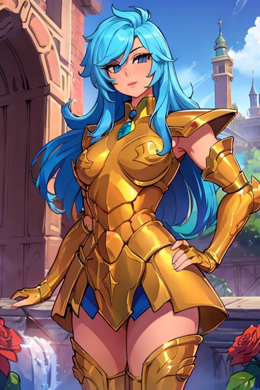 obra maestra, Mejor calidad, obra maestra, cara detallada, ojos detallados, cuerpo completo, 1 chica, pelo azul, pelo largo, blue hair, long hair, red lips, armadura de bikini femenina, gold armour,gemas aguamarina, rosa en la boca, templo griego, rosas en el suelo, sexy,