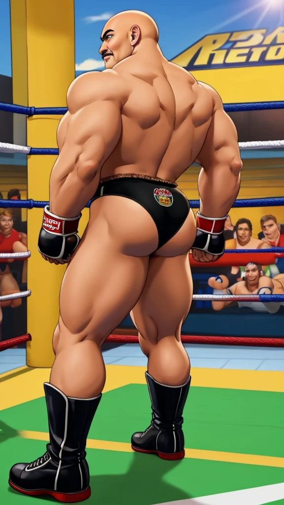 nappa, male focus, solo,cowboy shot, 1boy, bald , muscular male, abs , black vambraces, veins, pectorals, thighs, black eyes, topless male, mustache,  ( Black micro briefs ) , boxing gloves , black boots , tail around waist , (best quality, masterpiece) , full body , backside , boxing ring , ass focus