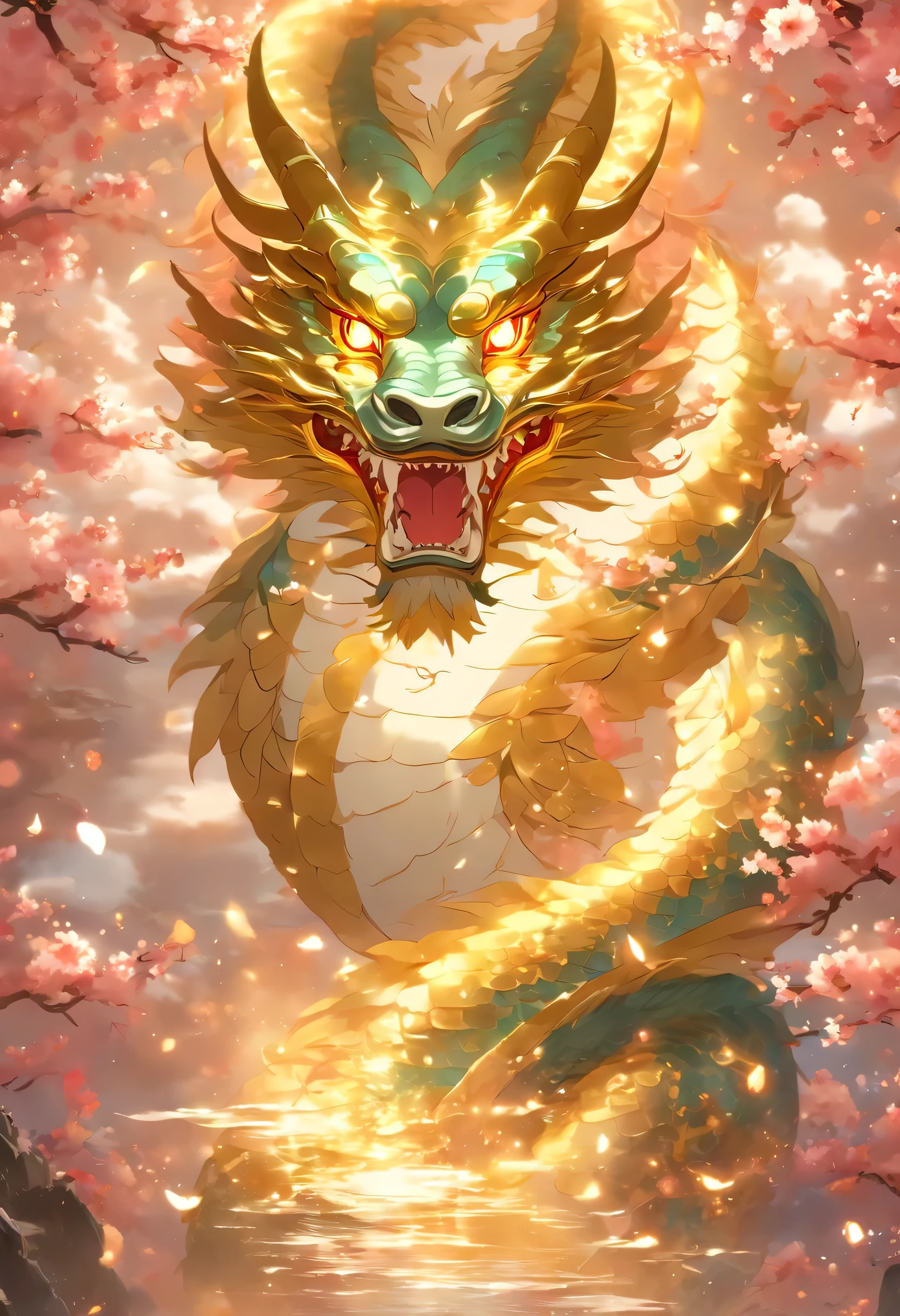 logo、masterpiece、(White background:1)、Golden Chinese dragon surrounded by white clouds、Pink cherry blossom tree、petal、Wind、god々、Long undulating body、tooth、Fantasy、God Story、high quality、Very detailed、masterpiece、Particle Effects、Dynamic Effects、Sun in the background、２The dragons on each head face each other, forming a heart shape.、Sparkling Eyes