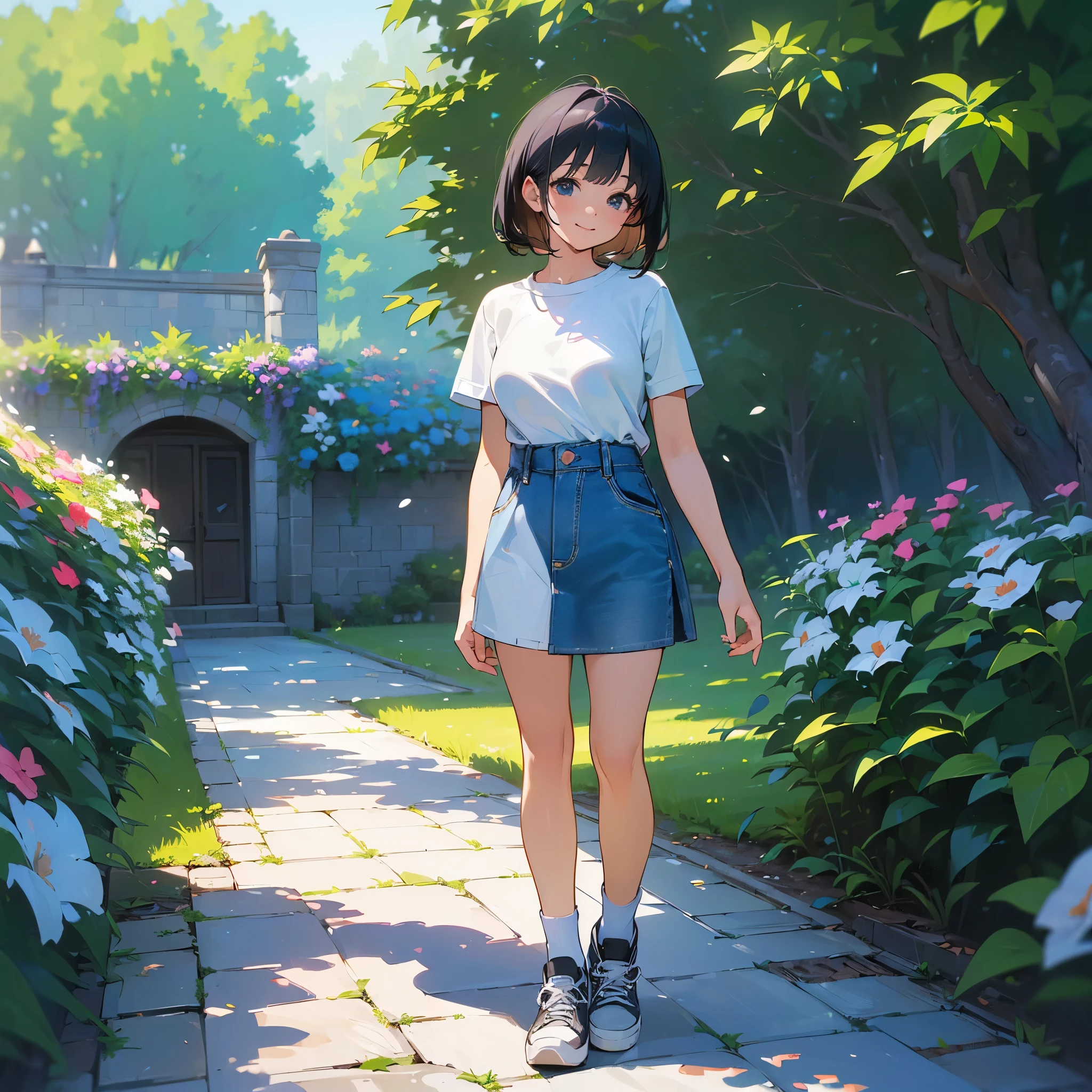 (high quality, High resolution, Very detailed, reality:1.37), Peaceful atmosphere, (Outdoor, garden), teenage girl standing alone, (my breasts are big.), Beautiful detail features, Cute Smile, (Black bob hair), Short sleeve shirt, Denim mini skirt, Blue socks, sneakers.