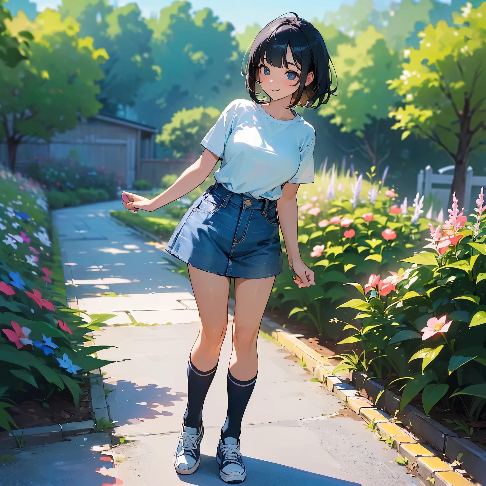 (high quality, High resolution, Very detailed, reality:1.37), Peaceful atmosphere, (Outdoor, garden), teenage girl standing alone, (my breasts are big.), Beautiful detail features, Cute Smile, (Black bob hair), Short sleeve shirt, Denim mini skirt, Blue socks, sneakers.
