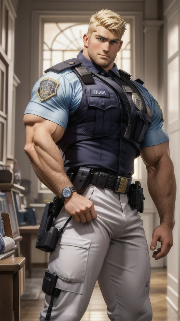 A 30 years old sexy blond police man showing his big butt at the departament officer, strong arms and legs, extremely well detailed, full precision, art by Tom da Finland, gaston bussiere, Alphonse Mucha, William-Adolphe Bouguereau