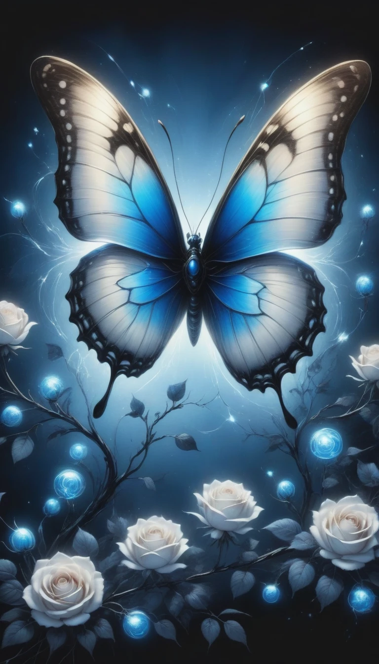 (best quality,4K,high resolution:1.2),Super detailed,Practical,black and white,traditional media,Pencil Sketch:1.2,Chaotic lines,[[[Artist Moussa]]],On a dark background,Blue electric charges forming butterfly，Stylized silhouettes of orbs and roses,Bioluminescence