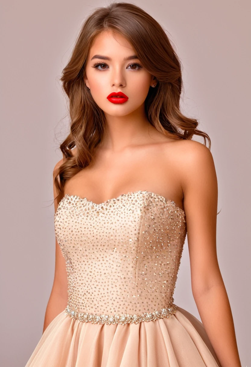 20 year old girl, rasgos estadounidense, labios carnosos  rojos, Light brown hair, ojos marron claro, atractiva, elegante, vestido cenido al cuerpo voluptuosa. 