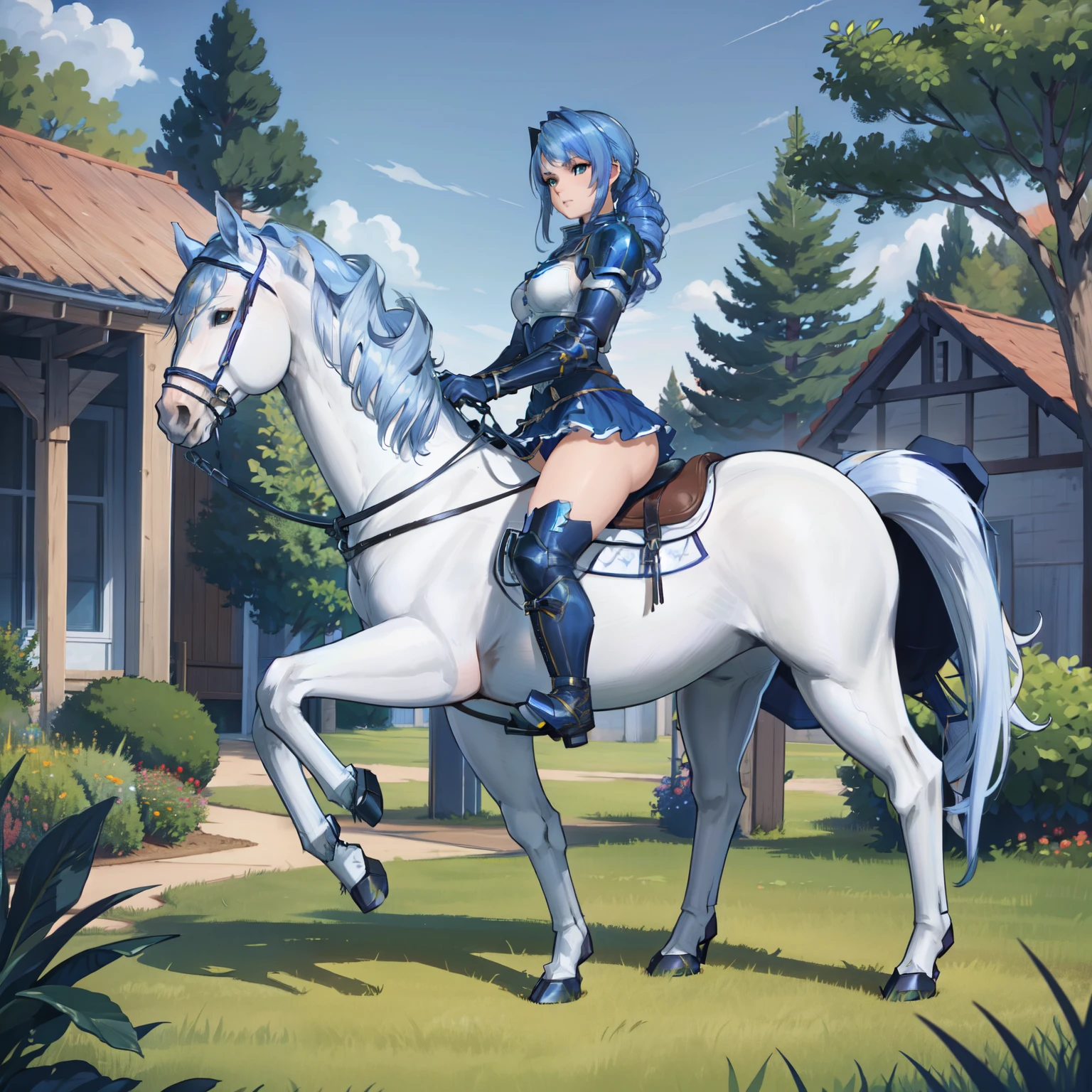 ((best quality)), ((anime masterpiece)), (detailed), 8k, perfect face, female knight, from side, long hair, female knight, (blue armor, blue miniskirt, blue boots)+, horseback riding, horse riding, solo, (white horse, saddle, stirups, reins: 1.5)++, walking: 1.5, forest, scenery, from side: 1.5, anatomically correct, trails