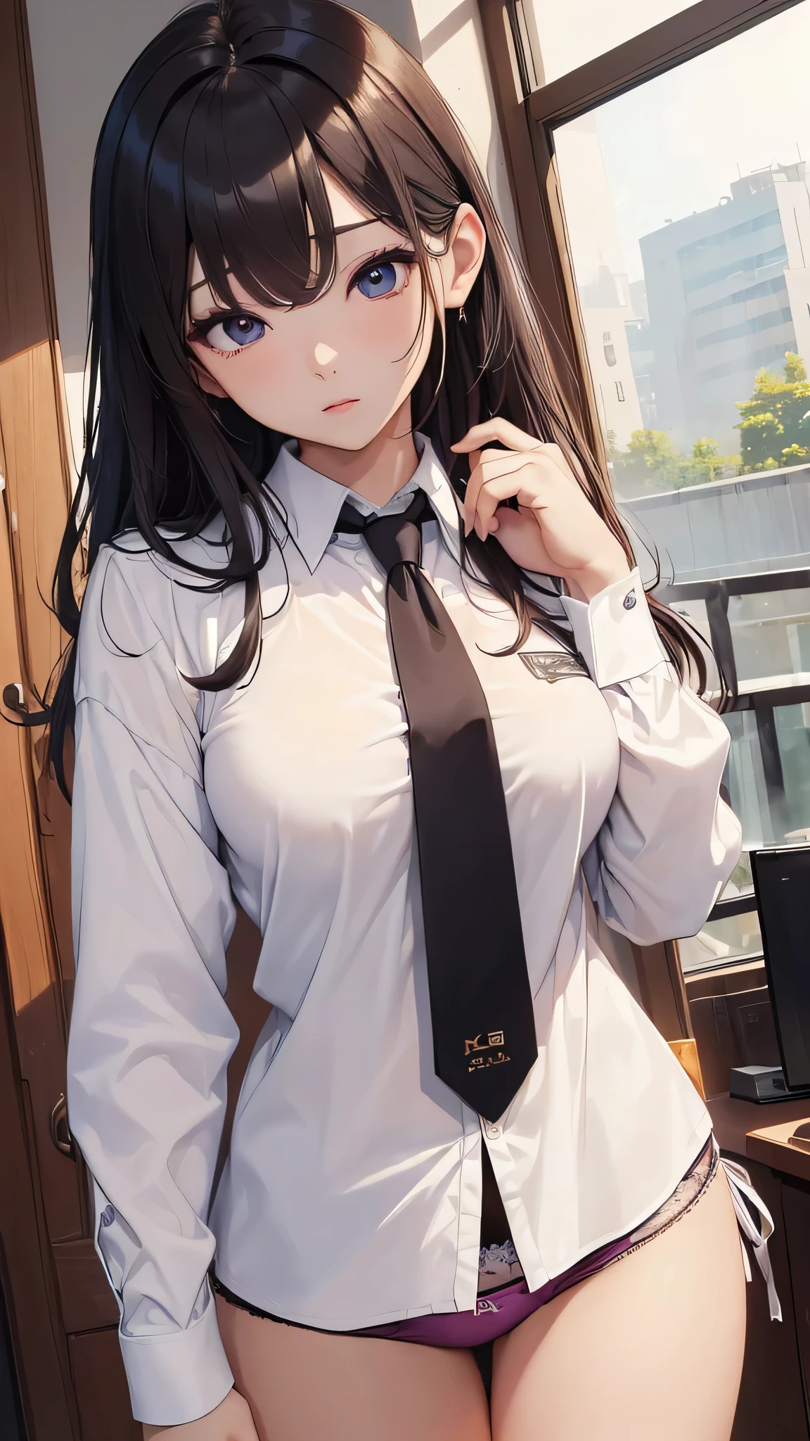 (((masterpiece))),(((High resolution)))、(((8K quality)))、(((perfect face)))、(((Korean idol)))、30 years old,  ((shirt and tie)), ((panty)), look at the camera, ((top quality eyes)), detailed texture, ass
