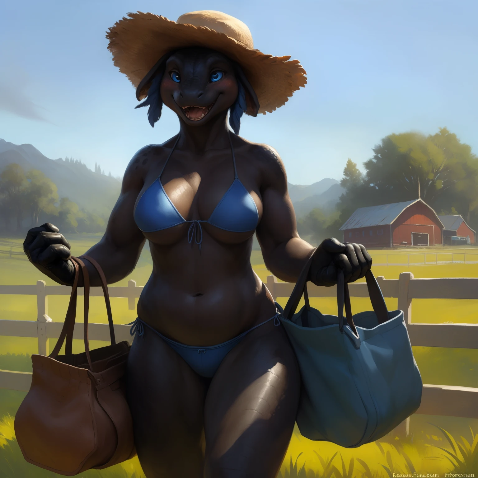 8k, fine details, (ultra detailed), a beautiful and detailed full size portrait of a female anthro salamander (((black body, dark skin))), blue eyes, lizard eyes, tail, bedroom eyes, High Dynamic Range, cinematic shot, detailed eyes, big body goddess, kenket, Ross Tran,ruan jia, vip, trending on artstation,foxovh, cenematic lighting, big breaths, big breaths, big , big , (((blue bikini, blue shorts, visible panties, gloves, hat)) full body, ((holding a bag)), front view, standing, smile, open mouth, blush, farm field, fence, current, outside, detailed background,
