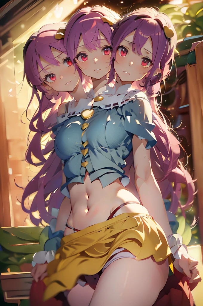 (masterpiece, best quality), best quality, (ultra-detailed), (3heads:1.5), 1girl, (komeji satori:1.3), masterpiece, best quality, ultra quality, ultra resolution, ultra detail, light blue top, crop top, ((stomach)), midriff, ((groin)), pink skirt, normal ears, shackles, pink hair, very long hair, wavy hair, sidelocks, red eyes, detailed eyes, parted lips, sweat, cute, toned belly, hand on own chest, eyelashes, (24 year old woman:1.3), (masterpiece:1.5), (best quality:1.5), (beautiful detailed), extremely detailed CG, extremely delicate and beautiful, depth of field, (finely detailed face), (perfect details:1.2), (mature female:1.3), wide pelvis, slender, large veiny breast, 16k resolution, highres, very high quality, very high definition, extremely detailed, masterpiece, best quality, pink hair, long hair, alluring presence, braid, short skirt, close up, big , young, black headband, hair ornament,