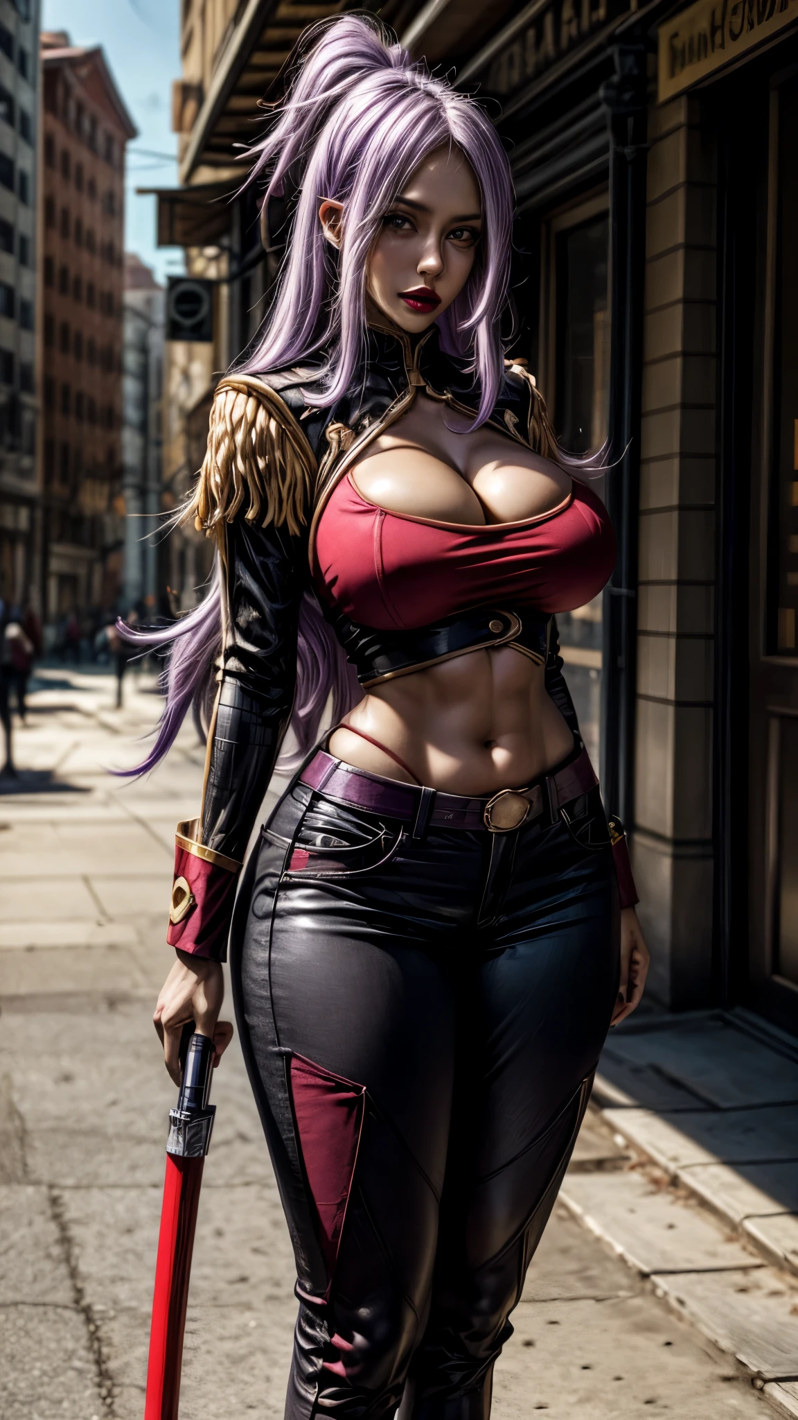 ANIME_Dragonaut_GarnetMclane_ownwaifu,
1girl, long hair, dark skin, breasts, dark-skinned female, purple hair, hair over one eye, large breasts, lipstick, makeup, huge breasts, ponytail, green eyes, navel, lips, thick thighs, light purple hair,
cleavage, midriff, cleavage cutout, clothing cutout, weapon, epaulettes, thighhighs, uniform, military, pants, military uniform,
((masterpiece)),((best quality)),(highres, absurdres), original, official_art, looking at viewer, solo, focused, outdoors, day, cowboy shot,